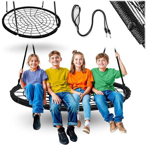 Neo-Sport Nestschaukel Outdoor 120 cm - Hängeschaukel mit Gestell - Maximale Belastung 150 kg - Wasserfest - Rund - Schwarz