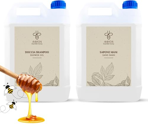 Höflichkeits-Set B & B Bad Hotel 1 Dusch-Shampoo und 1 Handseife Kanister 5 Liter Honigduft Made in Italy (1 x Handseife, 1 x Dusch-Shampoo - Kanister 5 l)