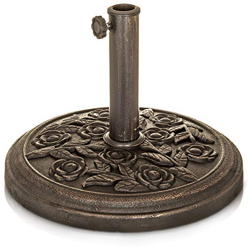 LIVIVO Heavy Duty 9kg Parasol Umbrella Holder Base with Cast Iron Effect Floral Rose Design Secure and Robust For Awning Sunshade Airer Whirlygig Poles up to 50mm
