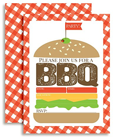 Amanda Creation Hamburger Backyard BBQ Party Fill In Invitations set of 20 with envelopes. Perfect for Summer parties, graduation, family reunions, barbeques and more