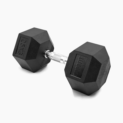 SUPRFIT - Hexagon Kurzhantel einzeln mit gummiertem Eisenkern - Fitness Gewichte Hanteln 1 x 25 kg mit rutschfestem Chromgriff - Premium Kurzhantel für Calisthenics, Krafttraining & Crossfit Übungen