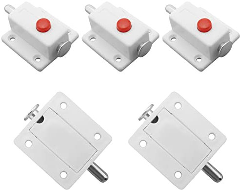 MroMax 5 x federbelastete Türriegel, weißer Kunststoff, Schiebetürriegel mit Schalterknopf für Tür, Schrank, Möbelbeschläge, Zubehör
