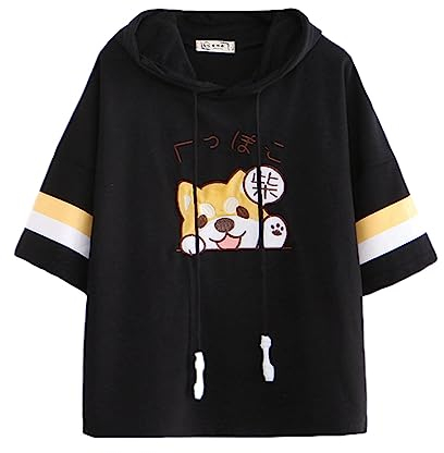 Himifashion Women’s Kawaii T-shirts Cute Puppy Embroidered Jumper Hooded Pullover Top Tees Short Sleeve T-Shirt Blouse (Black)