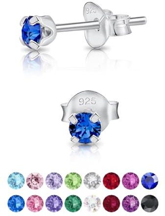 Orecchini Donna Punto Luce Zaffiro Blu 3 mm - Argento 925 Con Brillantino di Cristallo - Colorati