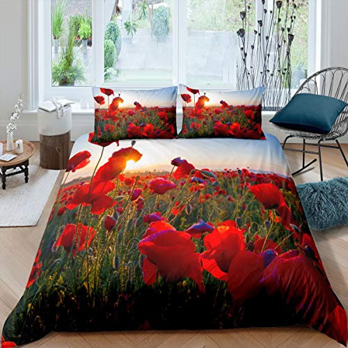 Loussiesd Rote Mohnblumen Bettwäsche Set 135x200cm Blumen Bedruckte Betten Set für Kinder Jungen Mädchen Teenager Gartenblüte Botanisch Bettbezug Set Natürliches Thema Raumdekor