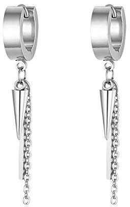 JewelryWe Schmuck Herren Ohrringe Creolen mit Ahle Taper Spitze, Kette und Quader Anhänger Edelstahl Ohr Manschette Ohrstecker Ohrhänger Ohrpiercings für Männer Frauen Silber