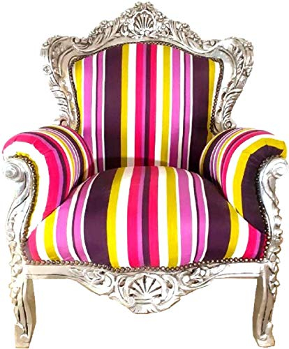 Casa Padrino Barock Wohnzimmer Sessel King Mehrfarbig Gestreift/Silber 85 x 45 x H. 120 cm - Thron Sessel - Barock Möbel