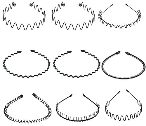 9 Stück Unisex Metall Haarband, Schwarzes Metall Stirnband Outdoor Sports Mode, Welle Elastisches Haarschmuck für Outdoor Sports Yoga