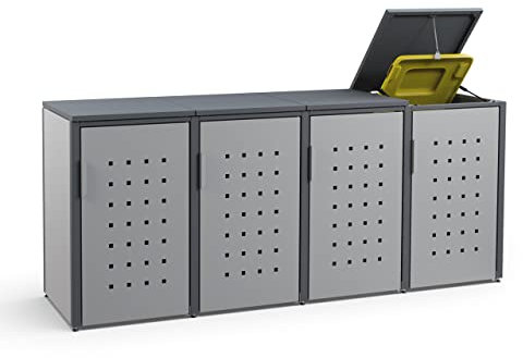 MEISTERBOX – 4er Mülltonnenbox Mülltonnenverkleidung mit Klappdach - 120L - Korpus Signalgrau/Pfosten & Dach Anthrazit