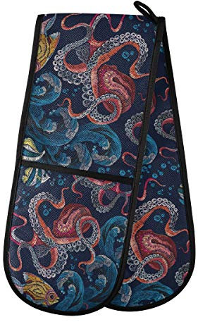 HMZXZ RXYY Double Oven Glove Ocean Octopus Fish Coloful Heat Resistant Quilted Cotton Kitchen Ove Mitts Long Oven Gloves for Cooking Baking Grilling Handling Hot Pots Pans
