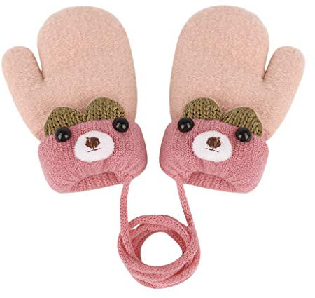 IPENNY 0-3 Ans Gants pour Enfants Gants Mignons Oreilles d'ours Licou Gants Tricotés d'hiver pour Enfants de Bande Dessinée Double Couche de Laine et Gants Chauds Epais11X13CM (Rose Clair)