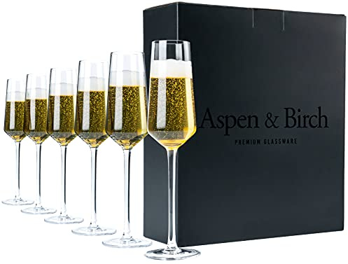 Aspen & Birch - Klassische Champagnergläser Set mit 6 – Champagnergläser – Mimosa-Gläser, Premium-Kristallstiel, klar, 170 ml, mundgeblasene Sektgläser – handgefertigt von Kunsthandwerkern