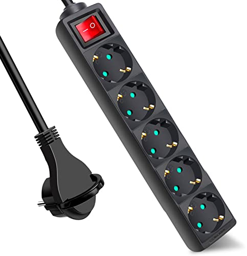 EXTRASTAR Steckdosenleiste 5-Fach, Flachstecker Mehrfachsteckdose mit Save Energy-Schalter, Mehrfachsteckdose Flacher Stecker mit 1.5m Kabel, IP20, 16A, 3680W, Flachstecker, Schwarz