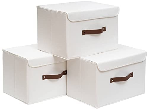 OUTBROS Aufbewahrungsboxen mit Deckel, Faltbare Stoffboxen, Aufbewahrungskörbe für Handtücher, kleiderschrank organizer 33 x 23 x 20 cm (Weiß, 3 Stück)