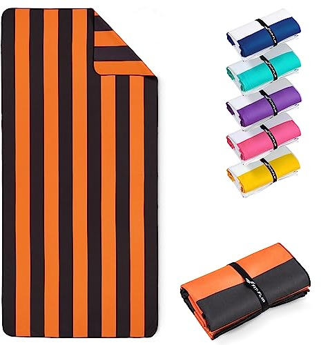 Fit-Flip Strandtuch XXL - Mikrofaser Badetuch - Strandtücher leicht und schnelltrocknend - 100% recyceltes Mikrofaser Handtuch - Strandhandtuch zum Baden (Orange-Dunkelgrau gestreift 160x90cm)