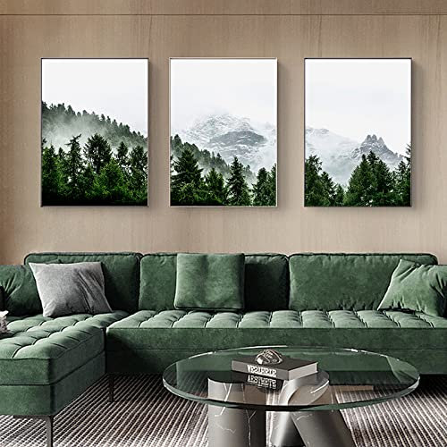 Verde Foresta Poster Neve Montagna Quadro Arte Natura Paesaggio Parete Quadri Nordico Stile Tela Stampa Opere D'Arte Casa Decorazioni Senza Cornice 50×70cm×3 Pezzi