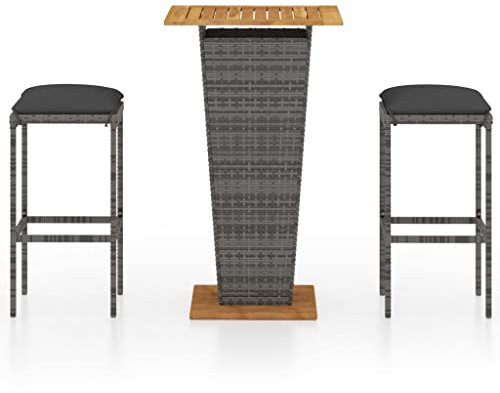 Hommdiy Gartenbar Set 3-TLG. mit Kissen Theke Bar Tresen Gartentheke Bartisch Stehtisch Barhocker Barstuhl Gartenmöbel Poly Rattan Grau