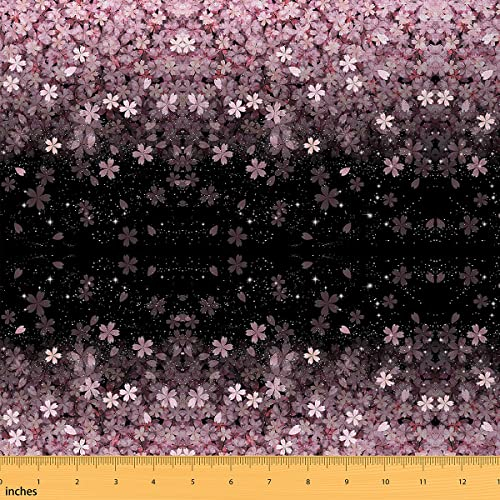 Kirschblütenstoff Meterware Rosa Blumen Polsterstoff für Stühle Blütenblatt Blumen Dekostoff Sternenhimmel Glitzer Mädchenhafter Stoff für drinnen und draußen 92 x 150 (HxB) Pink Schwarz