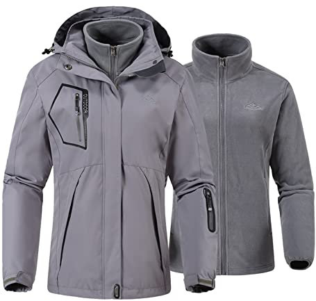 YSENTO Damen 3 in 1 Outdoor Winter Softshell Funktionsjacke mit Fleecejacke wasserdichte Regenjacke Winter Warme Winddichte Übergangsjacke(Grau,L)