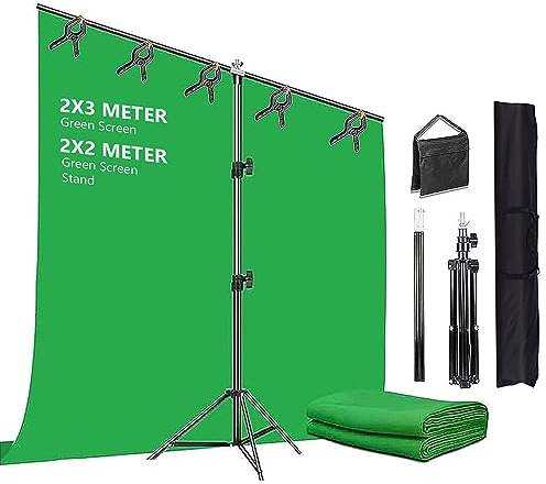 Greenscreen Hintergrund mit Ständer 2m x 2m, Green Screen 2m x 3m mit Verstellbarer Hintergrund Ständer 5 Hintergrund Klemmen und Sandsack für Fotoshooting Streaming Gaming