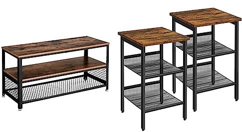 VASAGLE Meuble TV pour Télévision Jusqu’à 43 Pouces, Table Basse & Tables d’appoint, Lot de 2, Tables de Chevet, Style Industriel, avec étagères grillagées réglable, pour Salon, Chambre, Couloir