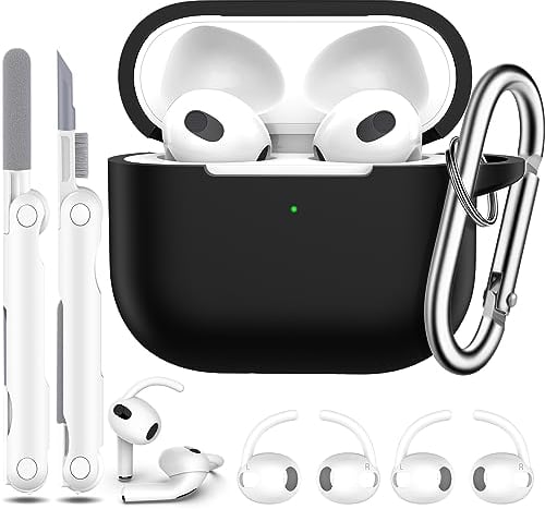 R-fun Kompatibel mit AirPods 3rd Generation 2021 Ladecase Abdeckung, Soft Silikon Schutzhülle Kompatibel mit Apple Airpod 3 Gen mit Cleaner Kit Schlüsselanhänger,Schwarz