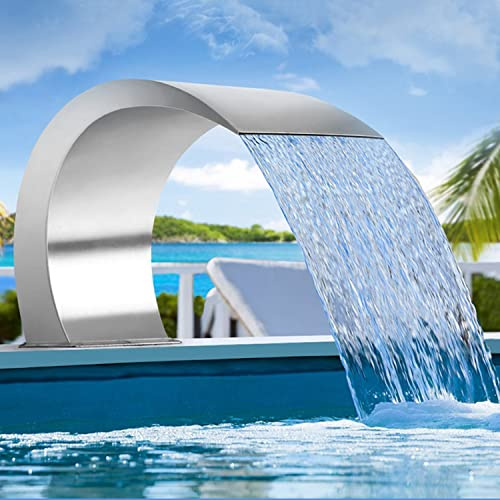 DEHIWI Poolfontäne Schwimmbad Wasserfall Brunnen Aus Edelstahl Schwalldusche Wasserschwall Pool Wasserfall Brunnen Gartenteich Dekoration Brunnen,Konstanter Wasserfluss,Gebogenes Design,70cm*50cm