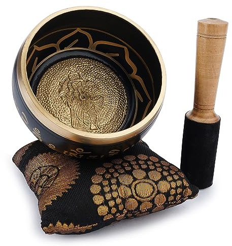 Ajuny Singing Bowl Set Tibetan Shree Ganesha Design with Mallet & Cushion | Handmade Brass Sound Bowl Easy to Play Meditation Yoga Mindfulness Chakra Healing Stress Relief Relaxation Gift Black 4 Inch