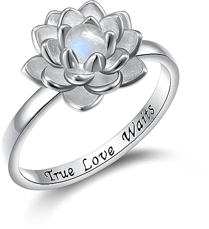 Mondstein Lotus Ring, Sterling Silber True Love Waits Graviertes Lotus Blume Fidget Ring Natürlicher Heilender Buddha Spiritueller Yoga Schmuck Geschenke für Frauen (57 (18.1))
