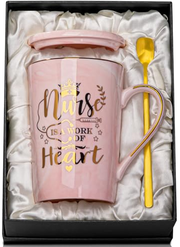 Best Nurse Gifts for Women, Nurse is a Work of Heart - 14oz Gold Printed Pink Ceramic Coffee Mug, Christmas Birthday Thank You Gift Present for Nursing School Student Graduation Nurses Day, Gift Boxed