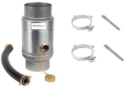 zbs24 Zink Regenwassersammler 80mm Set 2, Wassersammler mit automatischer Füllstop, Schlauchverbindung 30cm für Auffangbehälter, 85% Wasserertrag, 2 Rohrschellen zur Befestigung des Wassersammlers