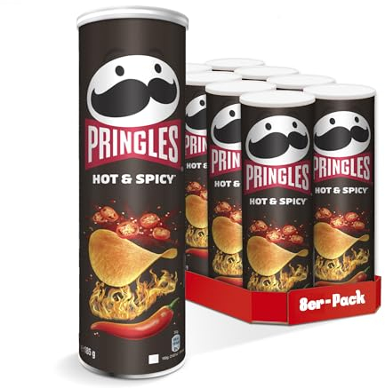 Pringles Hot & Spicy (8 x 165 g) – der unwiderstehliche Snack-Klassiker in der praktischen Dose – extra scharfe Chips mit Hot-Paprika-Geschmack – Pop. Play. Eat.