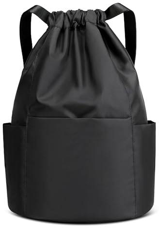 SODOLLEE Damen Rucksack mit Kordelzug Leichtgewicht Fitness Yoga Daypack mit Aufdruck Frauen Turnbeutel Wasserdicht Nylon Sportbeutel für Draussen Urlaub Camping Schwarz