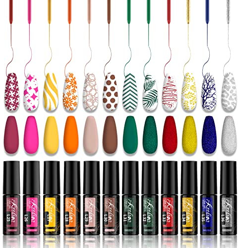 Kredioo Nail Art Gel Liner Polish-12pcs Soak off UV Gel Polish Glitter Red Gold Silver Green Brown Autumn Winter Colours, Built-in Thin Pens Brush for Nail Art Swirl Paint, Christmas Gifts