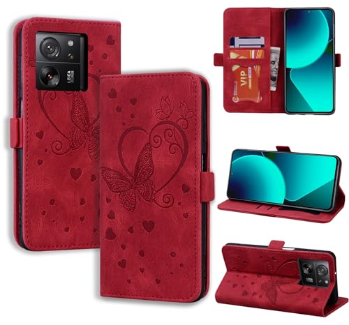 CASAFUNY Handyhülle für Xiaomi 13T/Xiaomi 13T Pro Hülle, PU Leder Tasche Cover mit Kartenfach Flip Case Magnetisch Klapphülle Schutzhülle für Xiaomi Mi 13T/13T Pro, rot