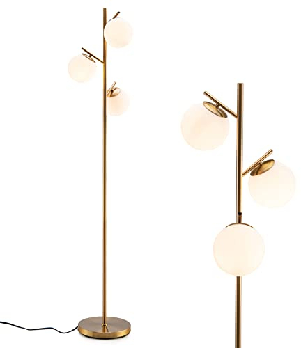 HOMASIS Stehlampe mit 3 Glaslampenschirm, Stehleuchte mit E27-Glühlampensockel & Fußschalter, Standlampe Bodenlampe mit Metallhalterung, Standleuchte Leselampe für Wohnzimmer & Schlafzimmer Golden
