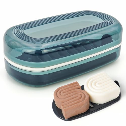 AIDIMMING Shampoo & Conditioner Bar Holder, Large Plastic Travel Soap Case, Portable Dish with Lid, Clear Box (Max, Blue)