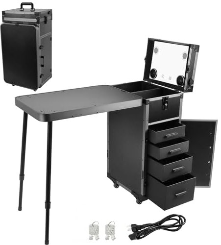 EBANKU Rolling Manicure Table Foldable Nail Station Makeup Train Case Portable Professional Nail Table Desk with Drawers/Mirror/Bluetooth Speaker for Movable Makeup Nail Salon