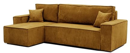 GREKPOL 244x145 Sofa mit Schlaffunktion (200x125) - Cord Sofa 3 Sitzer - Senfgelb Ecksofa mit Schlaffunktion und Bettkasten - Schlafsofa mit Bettkasten - Couch