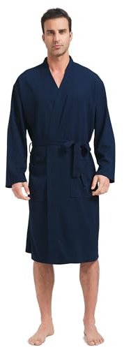 FashGudim Herren Leichter Waffelstrick-Bademantel Weicher Kimono Spa Knielange Sommerroben (Marineblau, 4XL)
