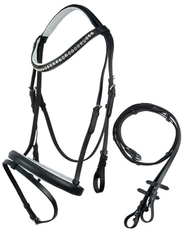 Brama West Reithalfter Merlin - englisch kombiniert - Ledertrense mit Antislip Zügel und Strasssteinen - Schwarz/Weiß, Gr. Pony