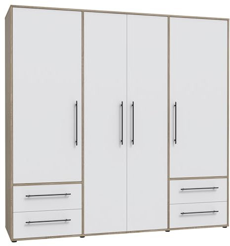 FORTE Jupiter Schrank 200 210, Kleiderschrank, Drehtürenschrank, 4-türig, mit 4 Schubladen und Einlegeböden, Weiß mit Holz Dekor: Sonoma Eiche, 206 cm breit x 59 cm tief x 200 cm hoch