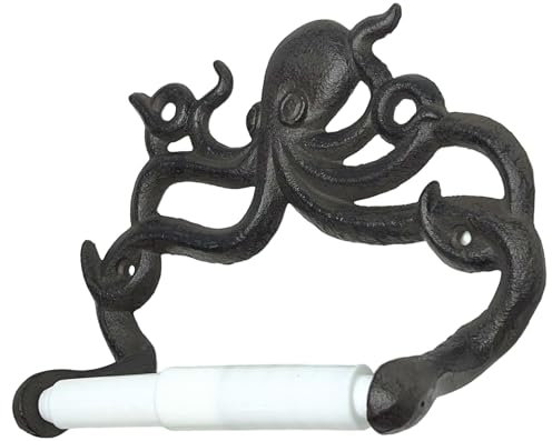 Octopus Toilet Paper Roll Holder – Cast Iron Decorative Wall Mount – Distressed Nautical Finish with Mounting Hardware (Marine Dark Brown)