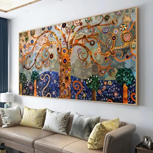 Wandkunst, Lebensbaum, abstrakt, Gustav Klimt, Bild, Leinwanddruck, Vintage-Kunstwerk für Wohnzimmer, Küche, Heimwanddekoration, 90 x 190 cm (35 x 75 Zoll), mit Goldrahmen