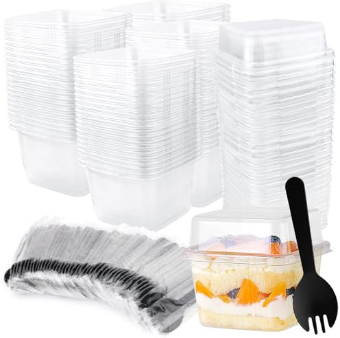 50 Stück Dessertgläser Plastik, 8,11 OZ/240 ML Dessertbecher Plastik, Dessertschalen Quadrat mit Deckel und Löffeln, Wiederverwendbar Desserttassen, Desert Becher für DIY Desserts Pudding Mousse Eis