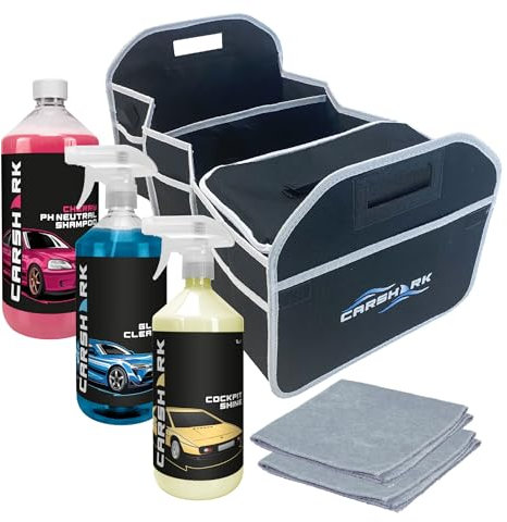 CARSHARK Car Cleaning Kit, Cockpit Shine 1L, Glass Cleaner 1L, Cherry Shampoo 1l, 2 x Microfibre Cloths, Car Boot Organiser Storage Box, 2-in-1