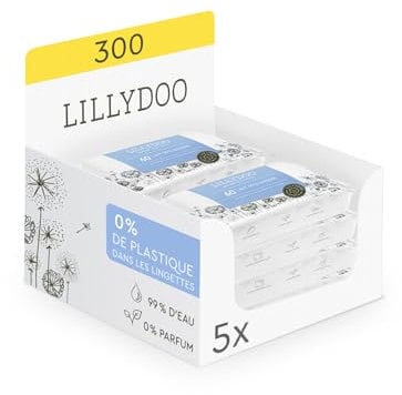 LILLYDOO Baby Feuchttücher mit 99% Wasser, 300 Stück (5 x 60), 100% plastikfreies Tuch, ohne Parfüme & mild wie Watte und Wasser