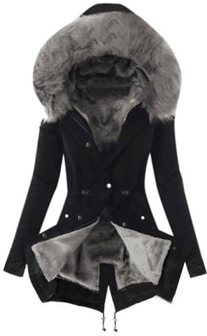Winter Jackets for Women, Womens Parka Coat Hooded Fleece Lined Jacket Warm Padded Coat with Faux Fur Trim Hood Overcoat Thickened Mid-Length Outerwear with Pockets