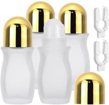Pxyelec 50 ml Glass Roll On Bottles, 4 pcs Clear Frosted Roller Ball Deodorant Container with Gold Cap and 2 pcs White Opener, Refillable Roller Bottles for Essential Oils Perfume