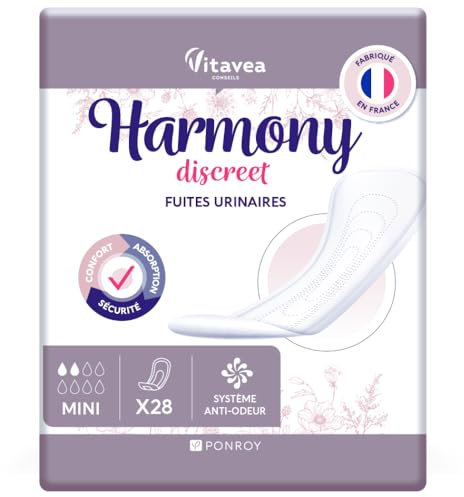 Inkontinenz-Damenbinden – Harnschutz für Damen – Einlagen nach der Geburt – saugfähig & geruchshemmend – hergestellt in Frankreich – 28 Binden 2 Tropfen – Harmony Discreet
